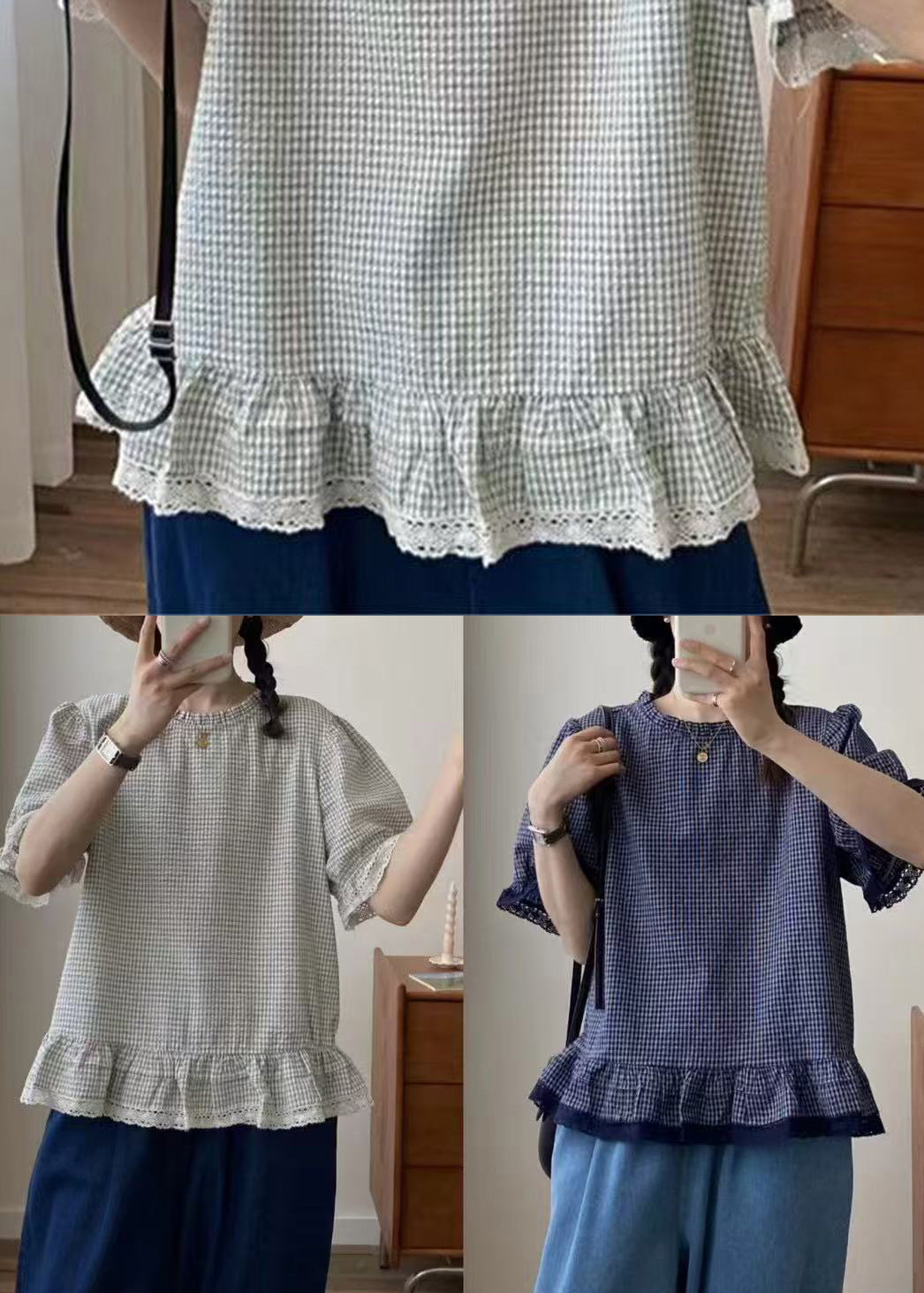 Kariertes Top Blaue Spitze Sommer Patchwork Stil