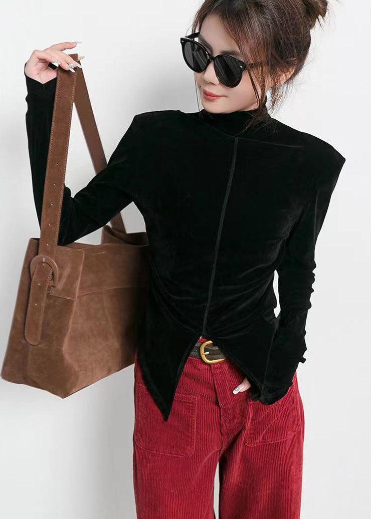Haut en velours marron à col montant et ouverture latérale, style printemps TL003