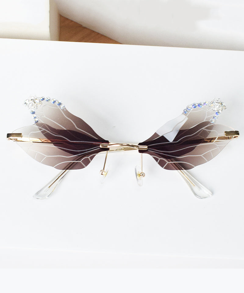 Lunettes de soleil style papillon abeille incrustées de diamants sans cadre marron XS1085