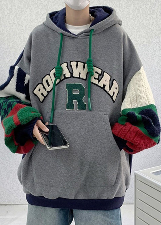 Sweat à capuche en coton patchwork brodé gris style homme automne EQ009