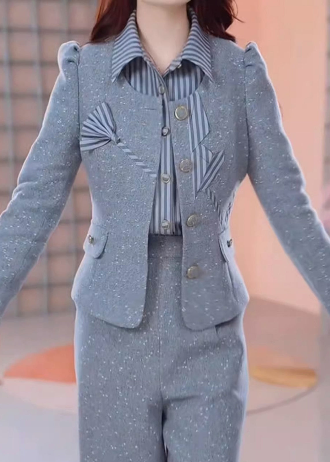 Ensemble trois pièces gris patchwork, manteaux, chemises et pantalons, printemps RF039