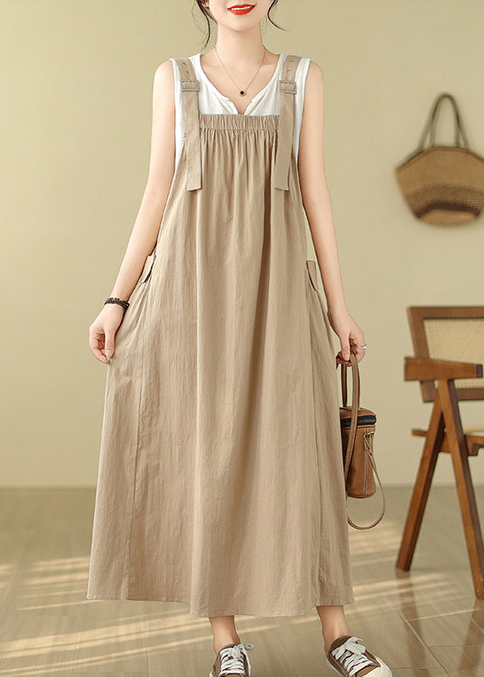Baumwolle Sommer Cami Übergroßes Khaki Kleid Taschen Stil