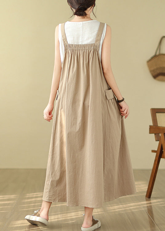 Baumwolle Sommer Cami Übergroßes Khaki Kleid Taschen Stil