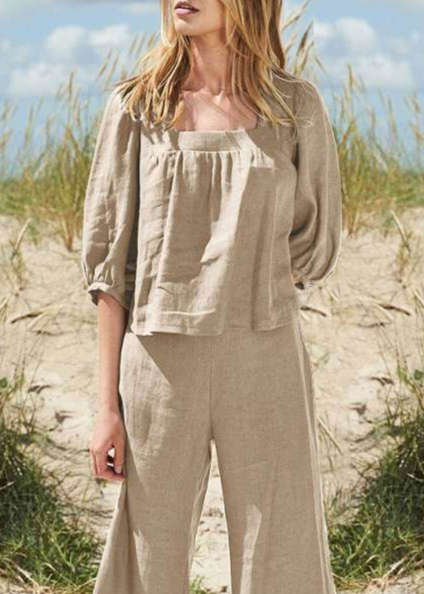 And Top Set Half Collar Pants Two Crop Khaki Square Style Pieces