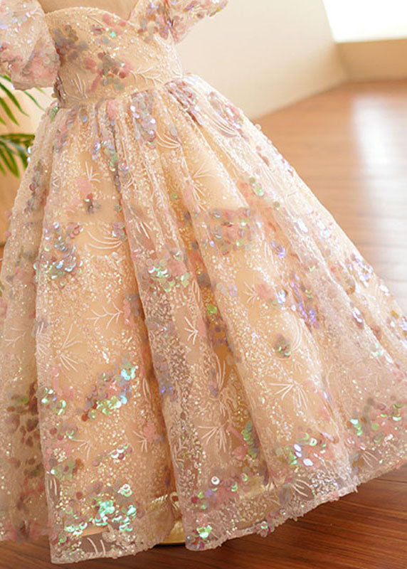 Robe longue en tulle froissé à col rond et manches bouffantes pour enfants, YS004