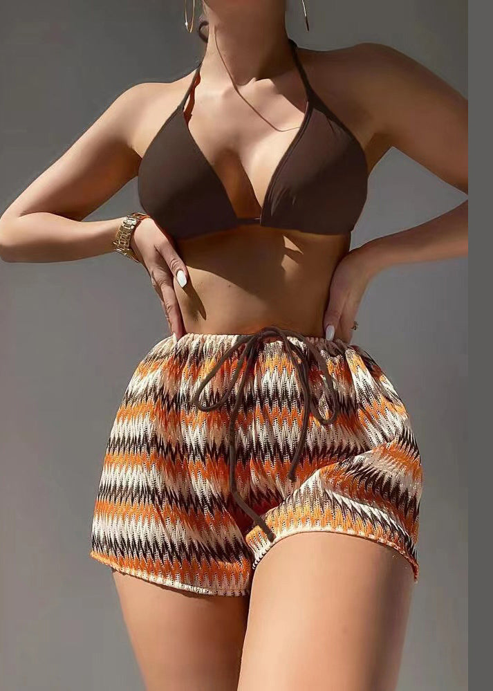 Style Orange Halter Lace Up Backless Swimwear Set VC007