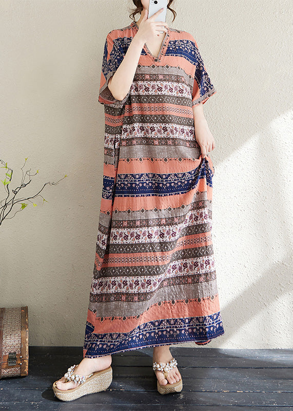 Kleider Sommer Print Orange Lang Gestreift Oversized Style Baumwolle