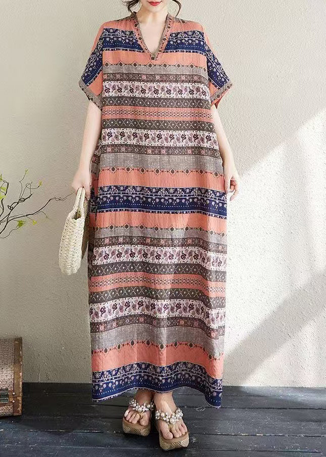 Kleider Sommer Print Orange Lang Gestreift Oversized Style Baumwolle