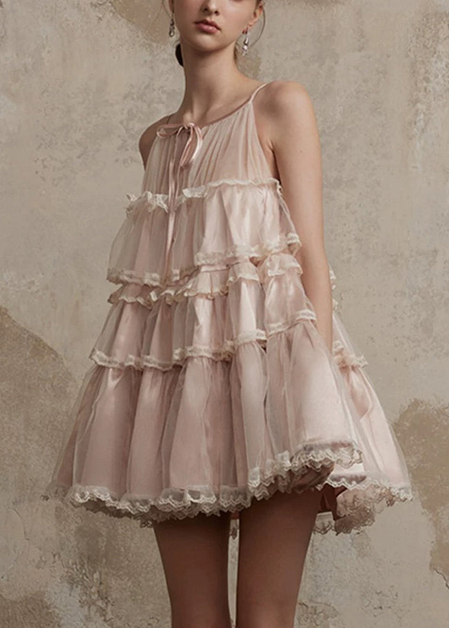 Sommer Stil Spitze Mid Tüll Kleid Rüschen Rosa O-Ausschnitt Patchwork