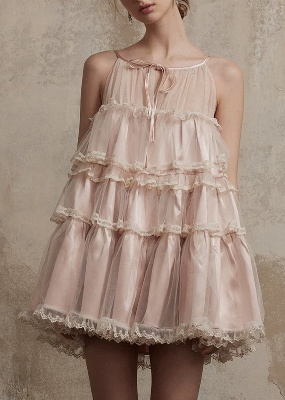 Sommer Stil Spitze Mid Tüll Kleid Rüschen Rosa O-Ausschnitt Patchwork
