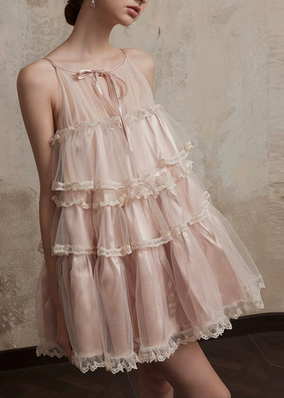 Sommer Stil Spitze Mid Tüll Kleid Rüschen Rosa O-Ausschnitt Patchwork