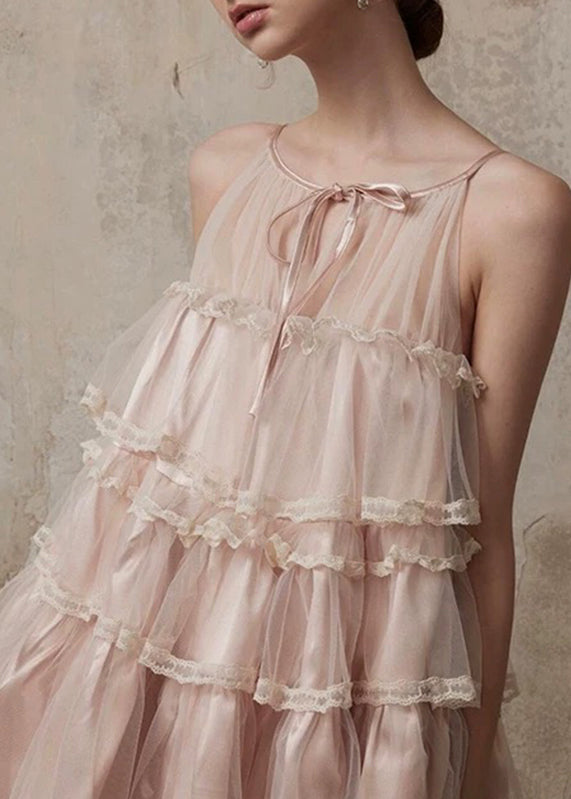 Sommer Stil Spitze Mid Tüll Kleid Rüschen Rosa O-Ausschnitt Patchwork