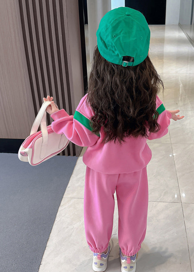 Ensemble deux pièces haut et pantalon rose à col Peter Pan et patchwork animal pour enfants, printemps TR019