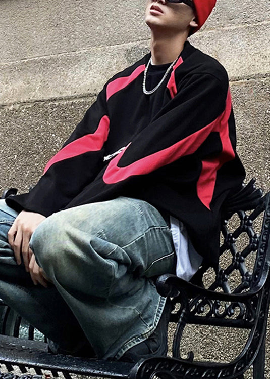 Sweat-shirt rouge à col rond en coton patchwork pour homme, style streetwear, automne EQ012