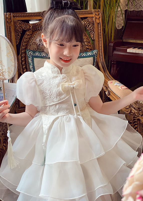 Knopf Maxi Quaste Stil Kleid Kinder Tüll Weiß Sommer