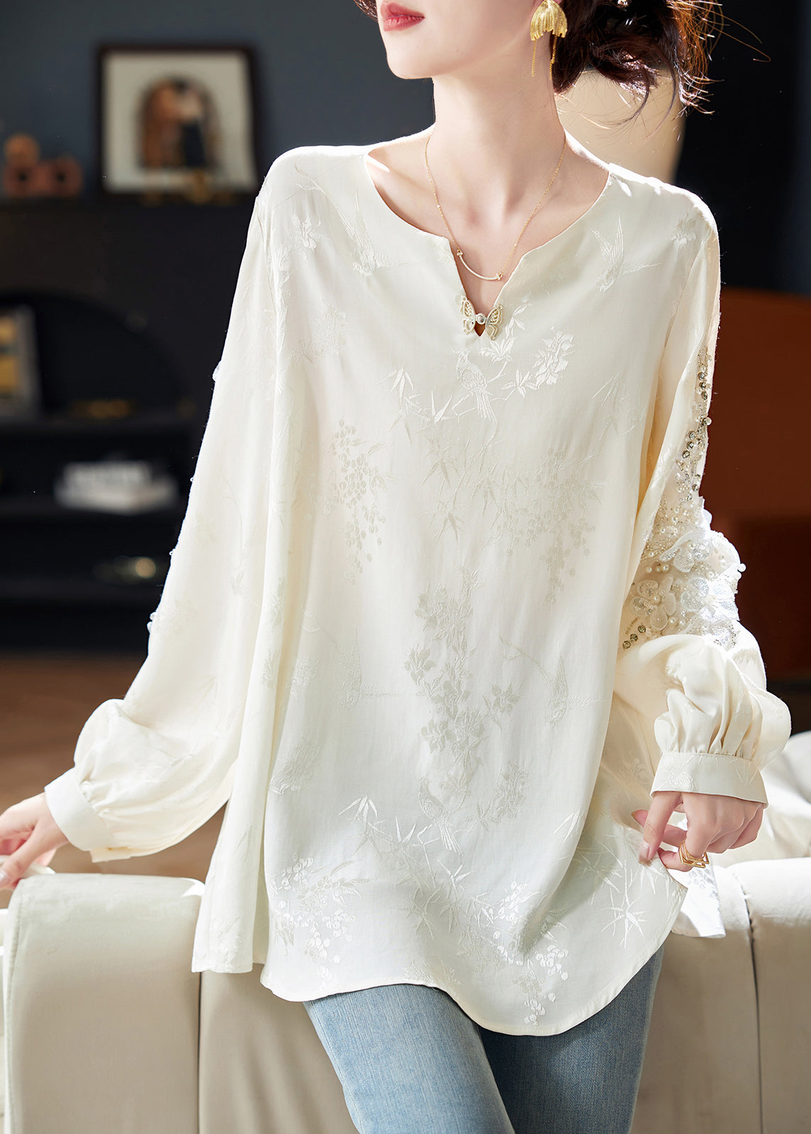 Chemisier en mousseline de soie jacquard à perles blanches, style printemps RL020