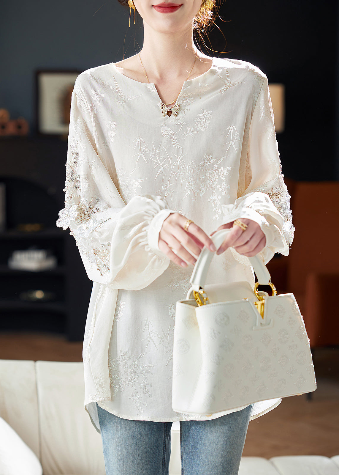 Chemisier en mousseline de soie jacquard à perles blanches, style printemps RL020