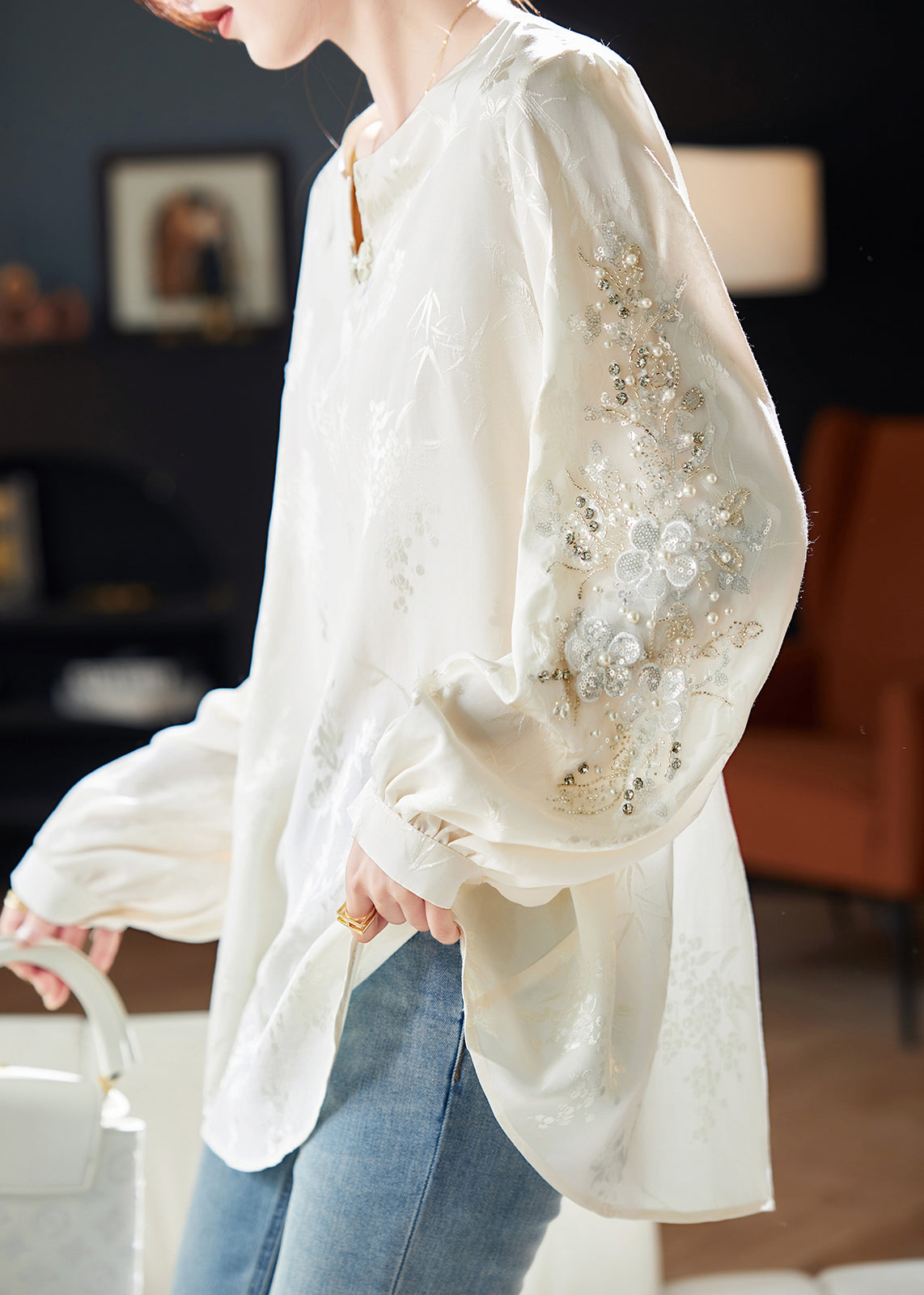 Chemisier en mousseline de soie jacquard à perles blanches, style printemps RL020