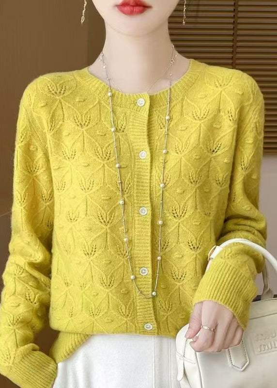 Cardigan en laine jacquard ajouré jaune style printemps TQ016