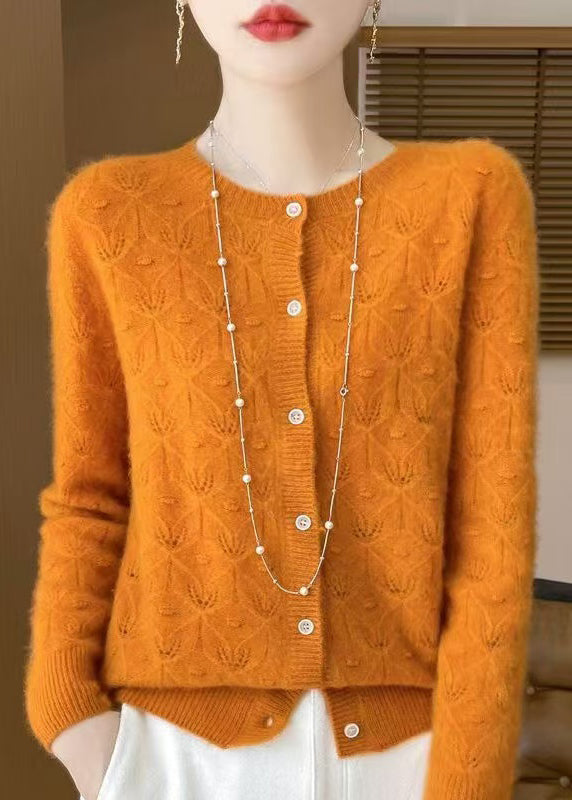 Cardigan en laine jacquard ajouré jaune style printemps TQ016