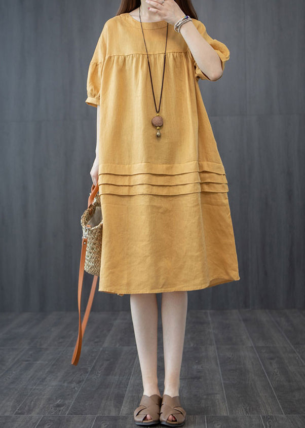 Stil Sommer Patchwork Wrinkled Gelb Oversized Kleid Mid