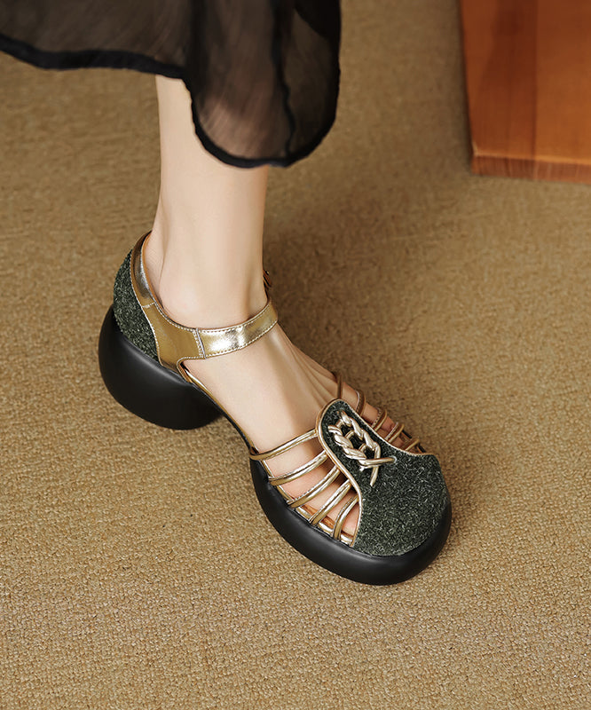 Hollow Stylish Apricot Out Chunky Heel Sandals Splicing