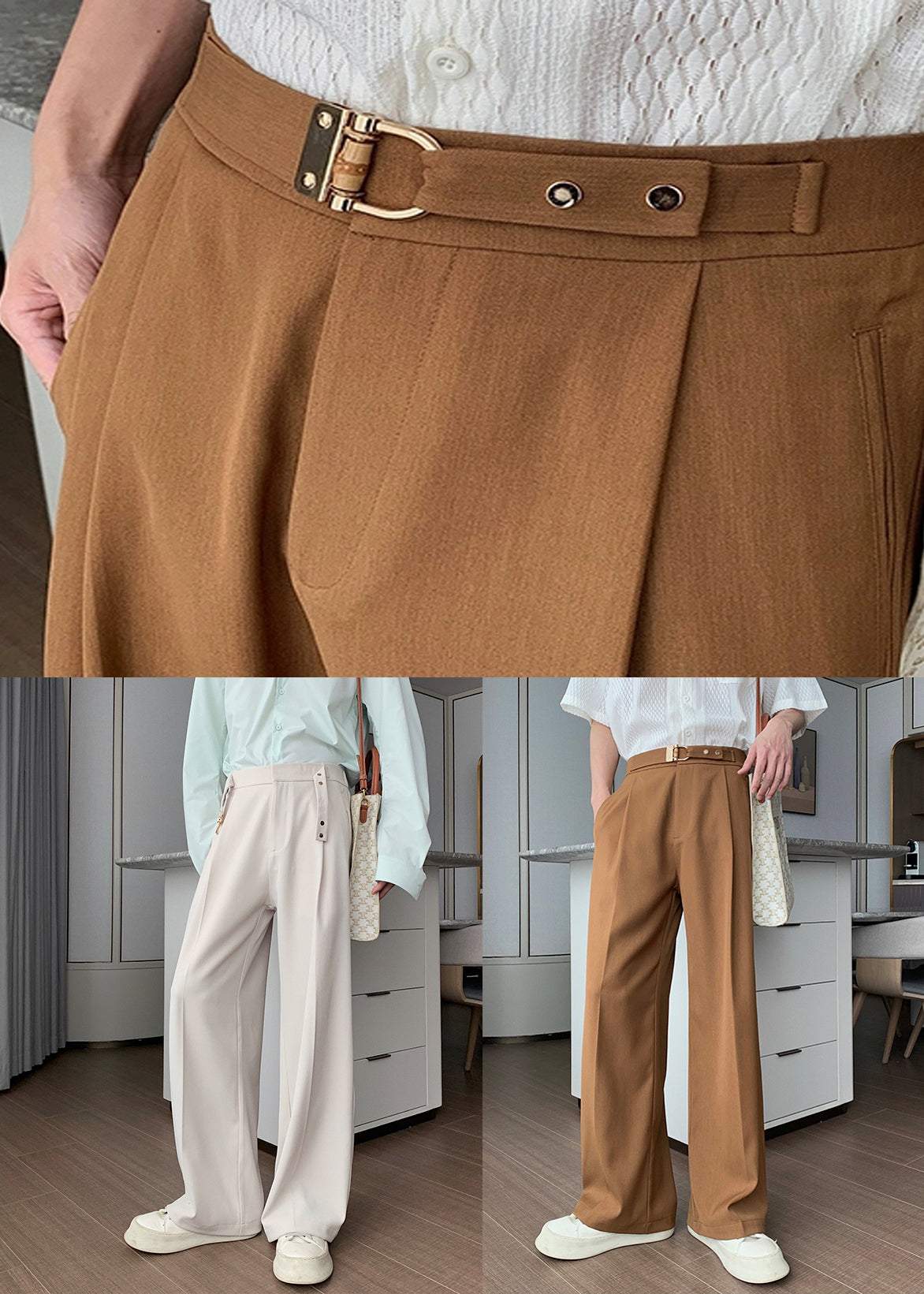Pantalon taille haute pour homme avec poches abricot en élasthanne, élégant pour l'automne