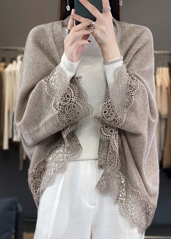 Stilvolle Beige Aushöhlen Spitze Patchwork Woll Strickjacken Herbst RL011