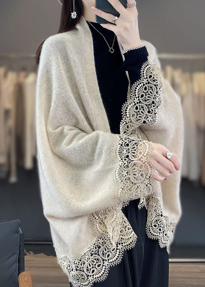 Stilvolle Beige Aushöhlen Spitze Patchwork Woll Strickjacken Herbst RL011