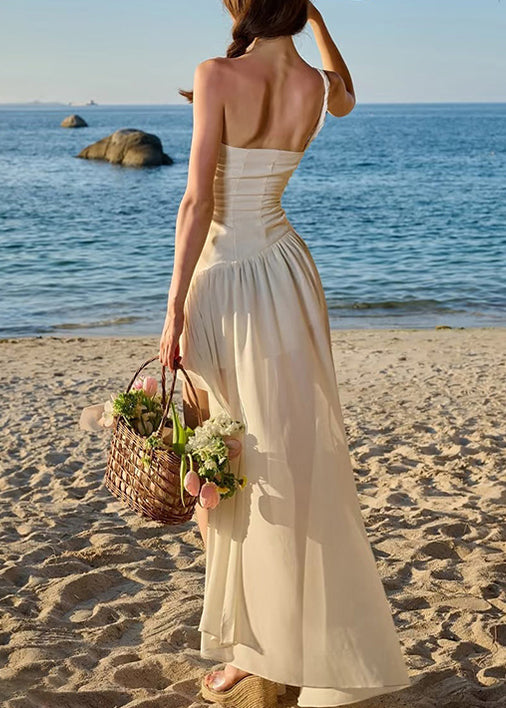 Chiffon Low Design Spaghetti High Strap Beige Stilvolle Falten