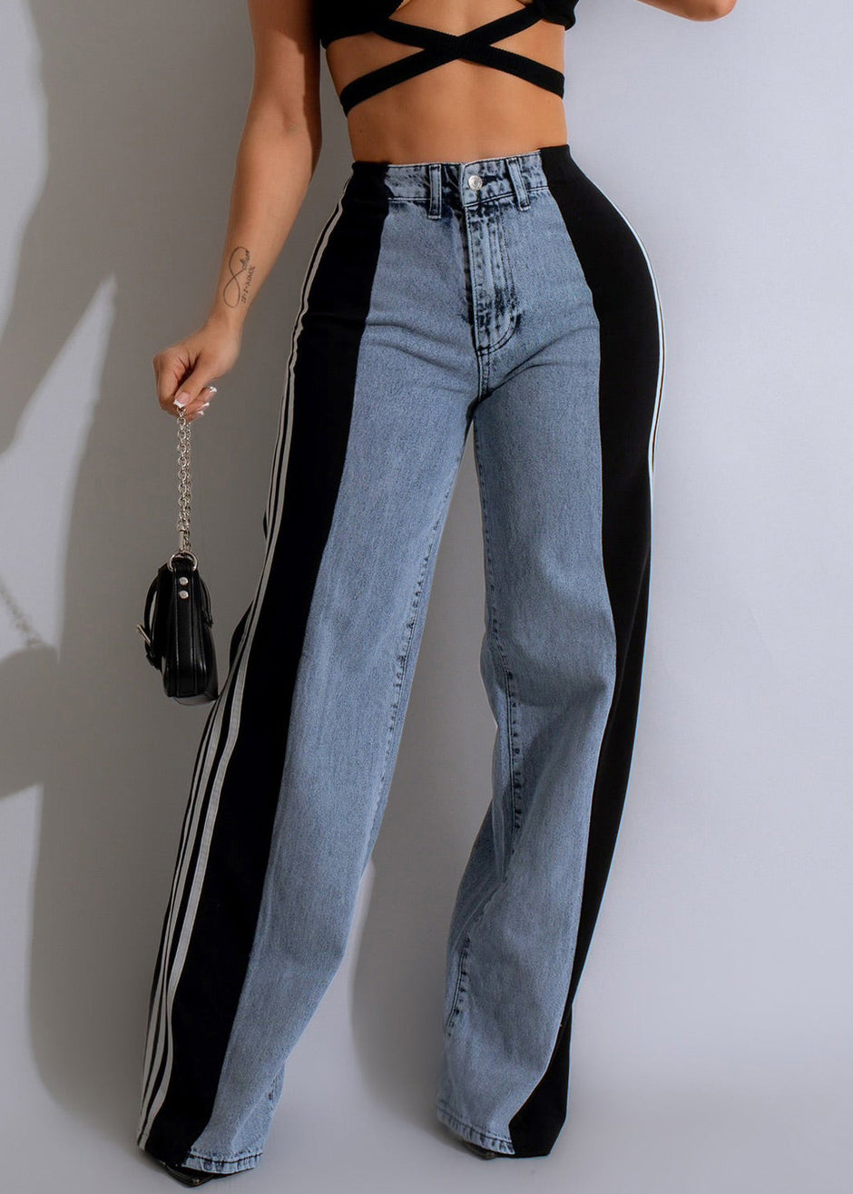 Gestreifte Hose Schwarz Stilvolle Denim Frühling Patchwork