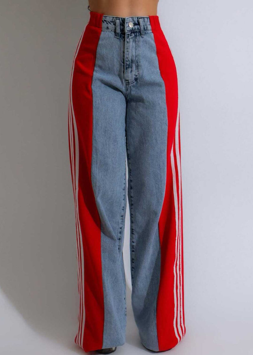 Gestreifte Hose Schwarz Stilvolle Denim Frühling Patchwork