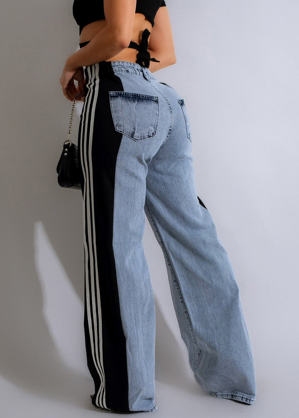 Gestreifte Hose Schwarz Stilvolle Denim Frühling Patchwork