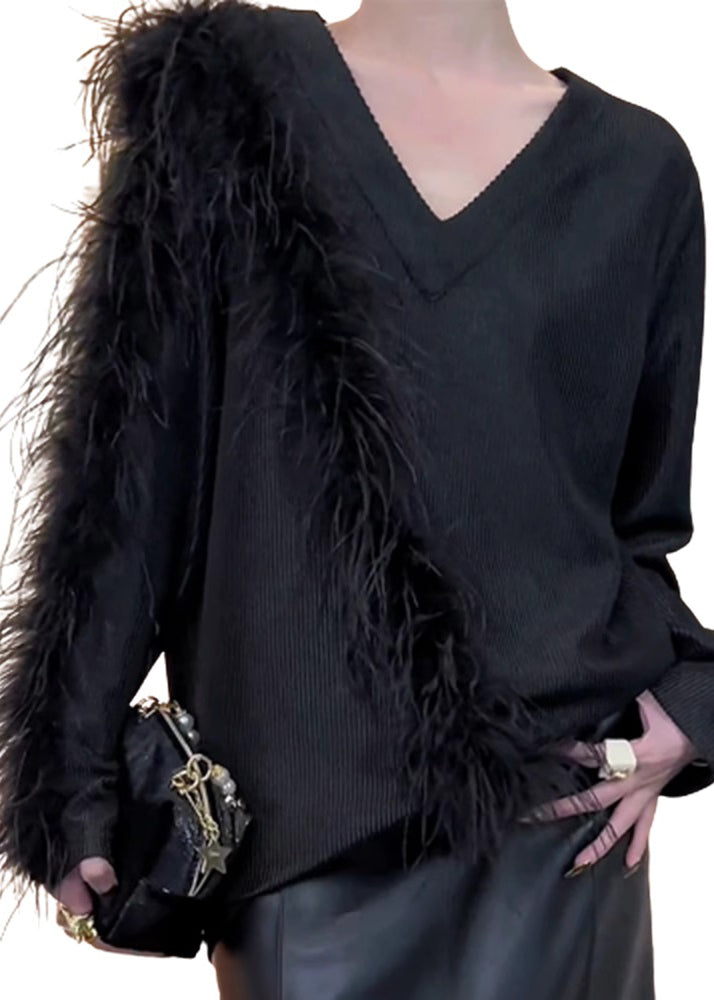 Pulls en maille patchwork noirs élégants à col en V pour l'hiver RS042