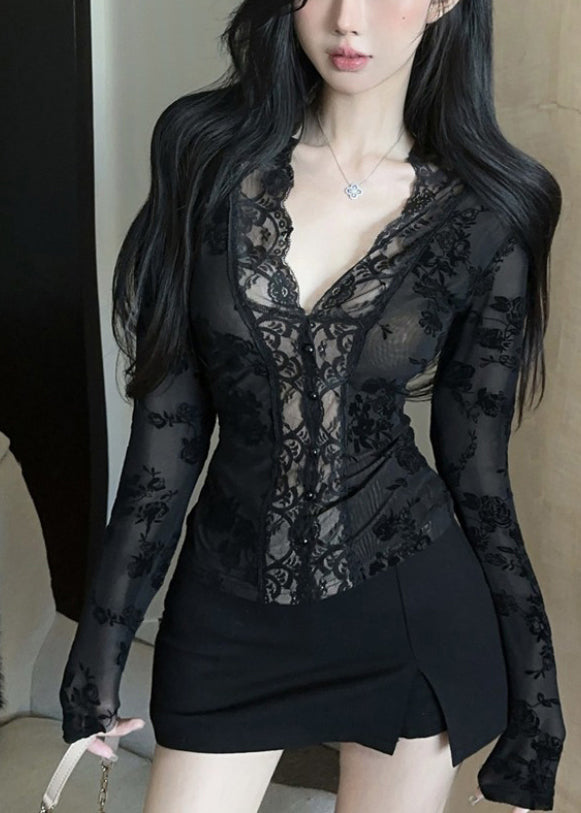 Stilvolle schwarze V-Ausschnitt transparente Spitzentops Frühling YP017