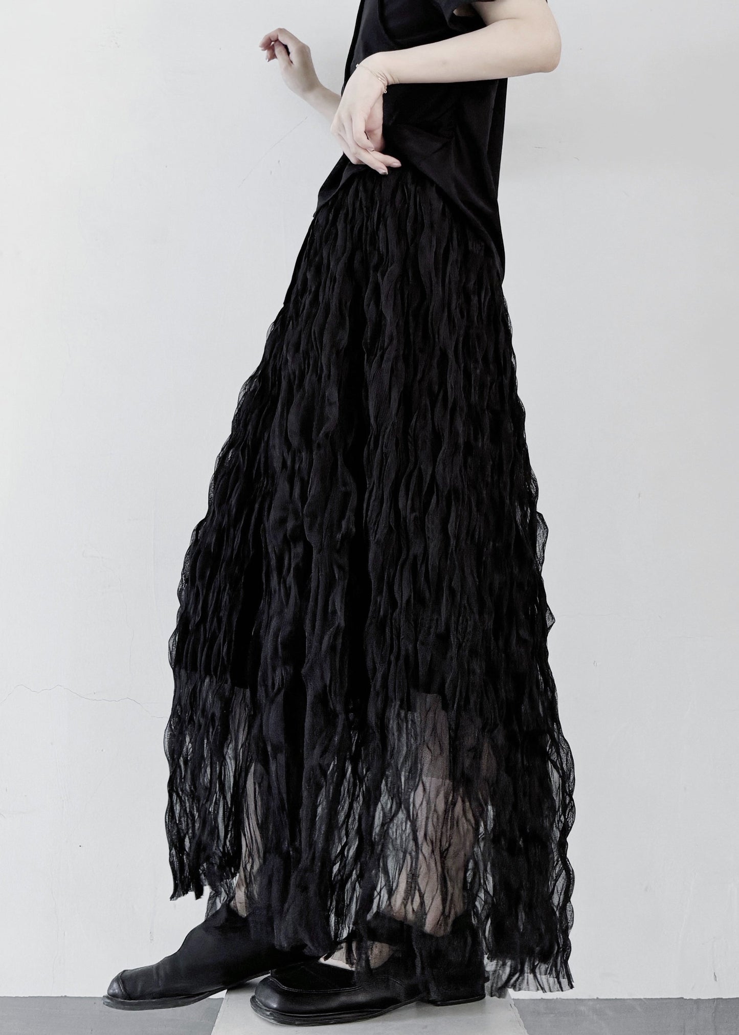 Jupe élégante en tulle noir froissé à taille élastique pour l'été WN030