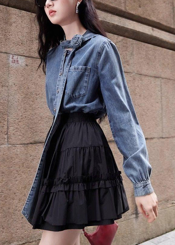 Knopf Frühlingshemd Denim Blau Schleife Stilvolle Taschen