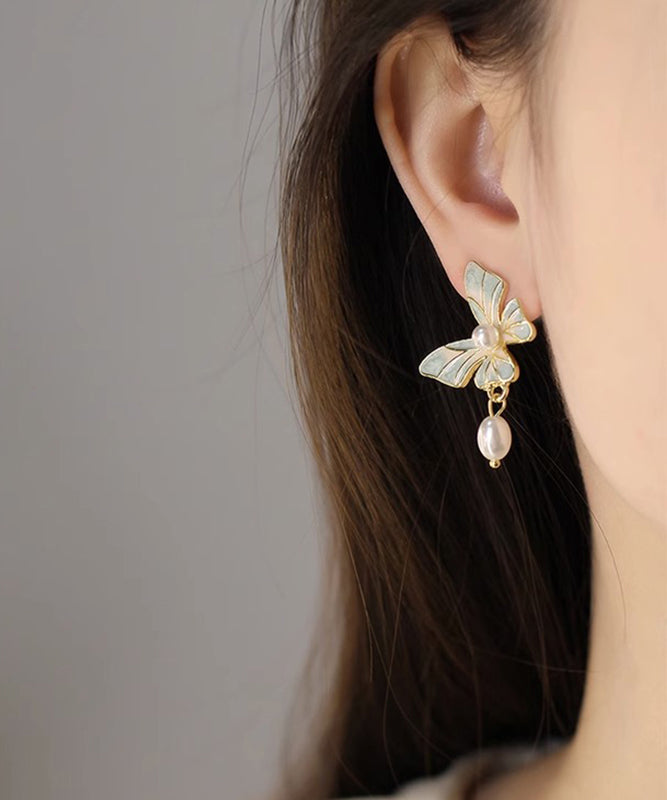 Stylish Blue Copper Overgild Drip Glaze Butterfly Pearl Tassel Drop Earrings YX009