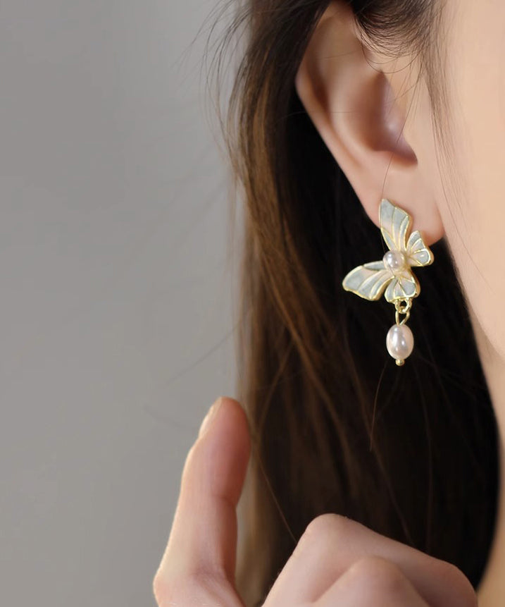 Stylish Blue Copper Overgild Drip Glaze Butterfly Pearl Tassel Drop Earrings YX009