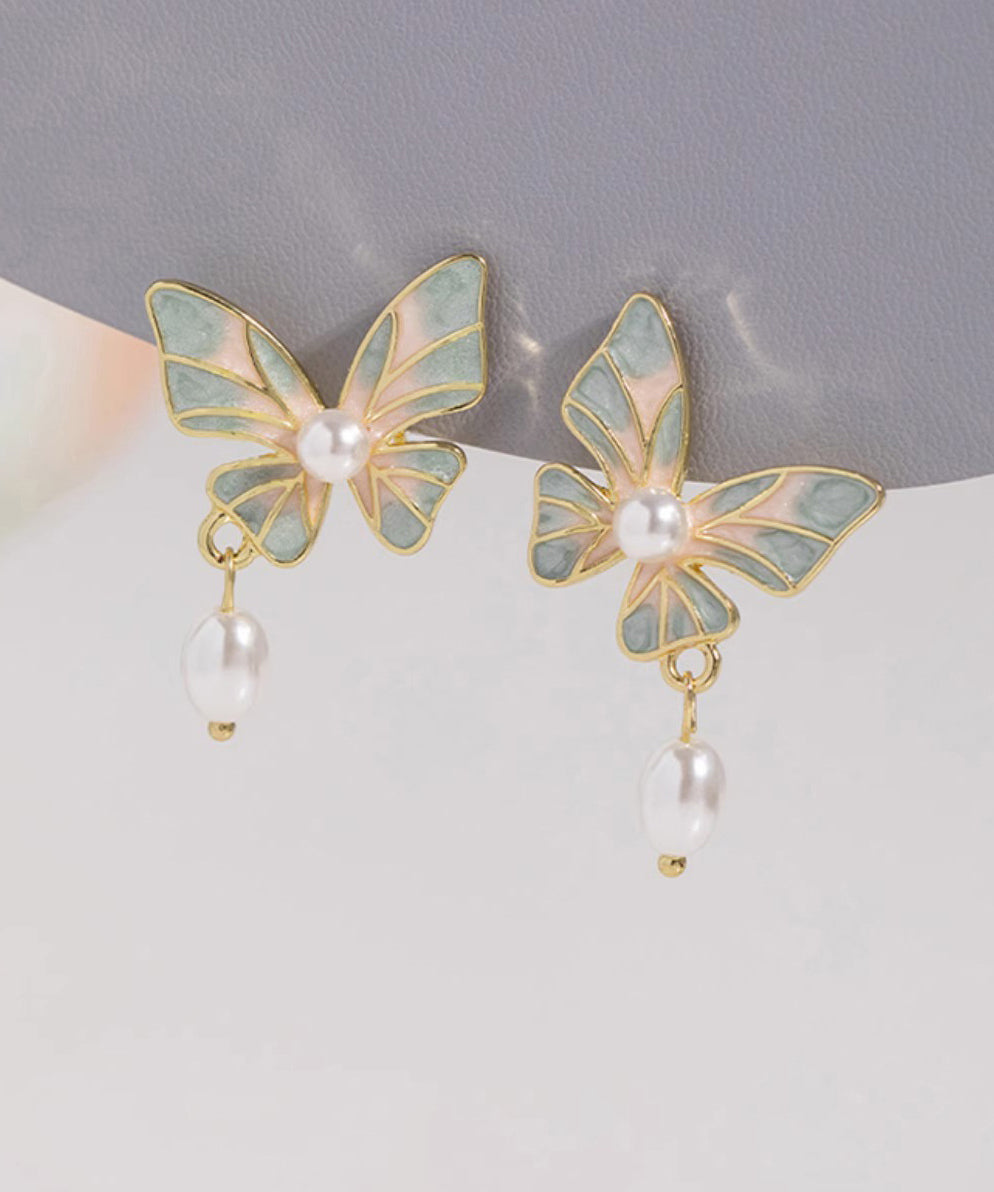 Stylish Blue Copper Overgild Drip Glaze Butterfly Pearl Tassel Drop Earrings YX009
