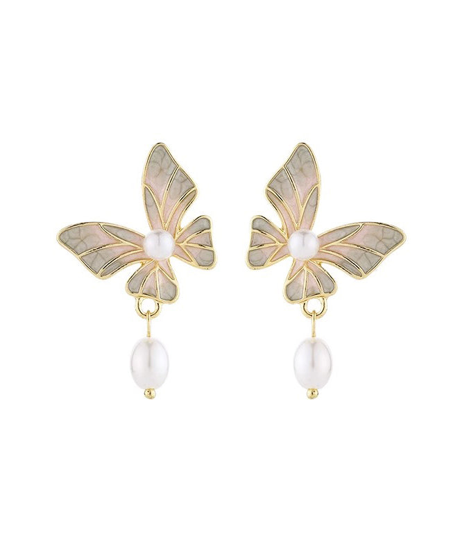 Stylish Blue Copper Overgild Drip Glaze Butterfly Pearl Tassel Drop Earrings YX009