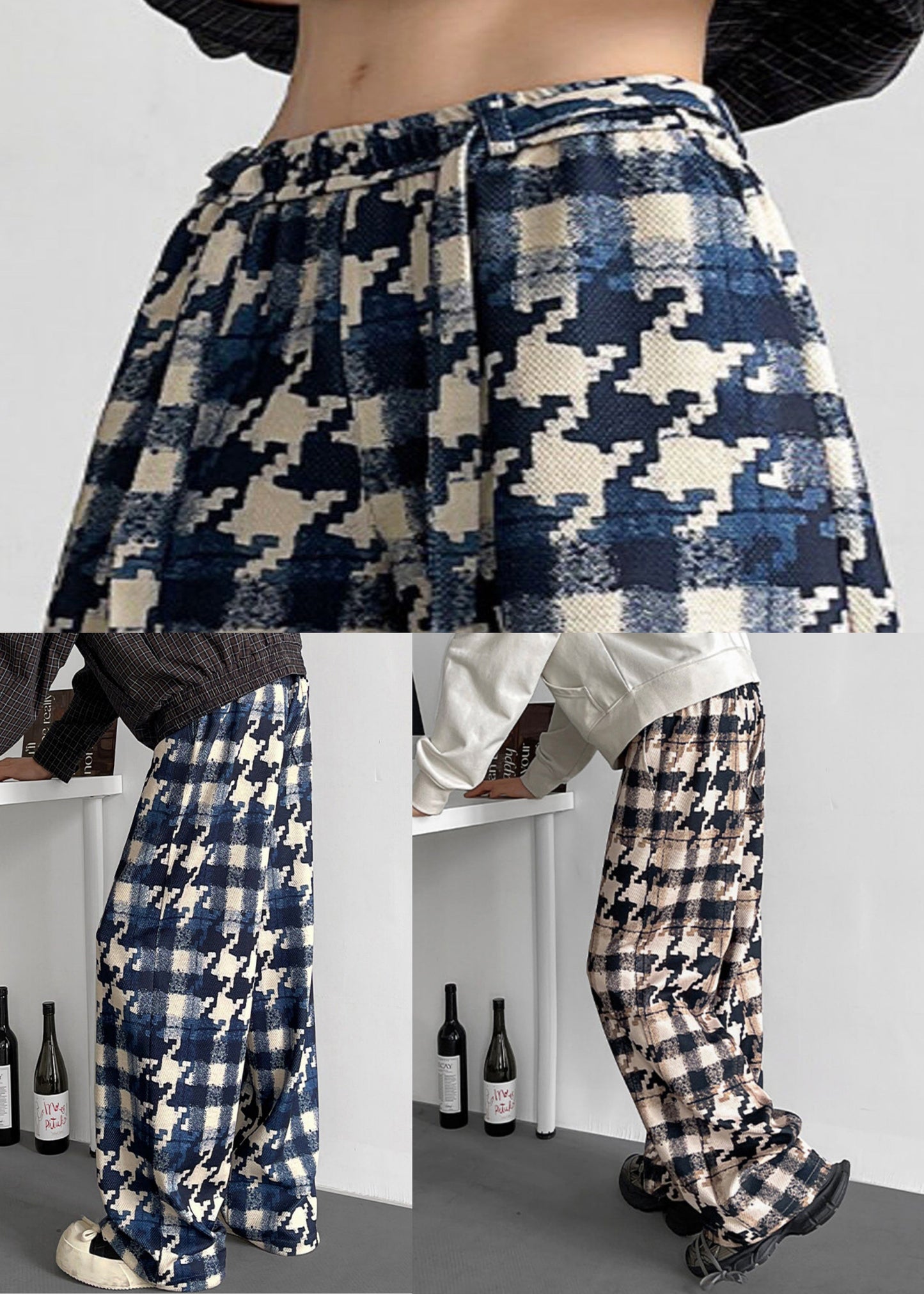 Elastische Taille Herren Baumwolle Plaid Stilvolle Herbst Hose Blau