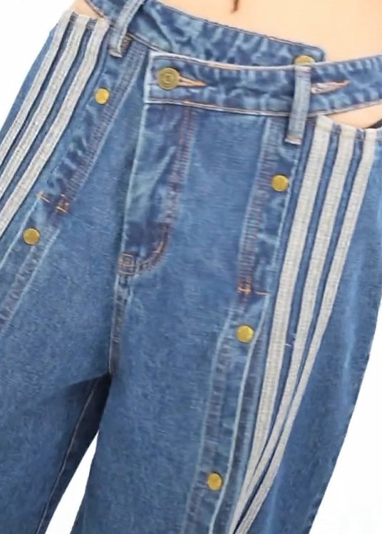 Pantalon large et élégant à jambes ouvertes sur le côté en denim bleu avec poches