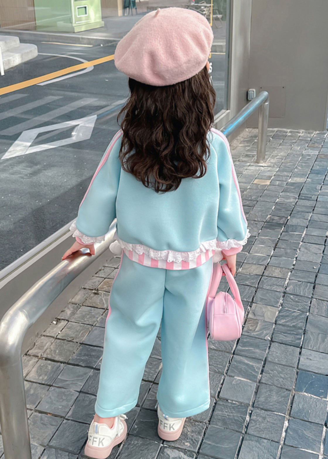 Ensemble deux pièces élégant pour enfant, manteau et pantalon droit à volants bleus, patchwork, printemps TR027