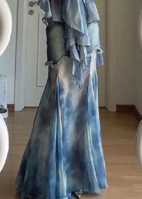 Ensemble de teinture en tulle patchwork élégant avec deux évasements en dentelle bleue
