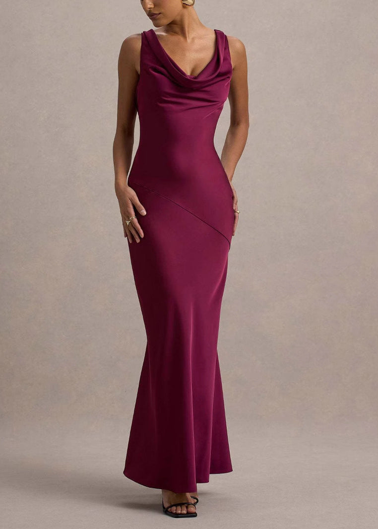 Robe de soirée dos nu motif tortue, col enveloppant, bleue, élégante