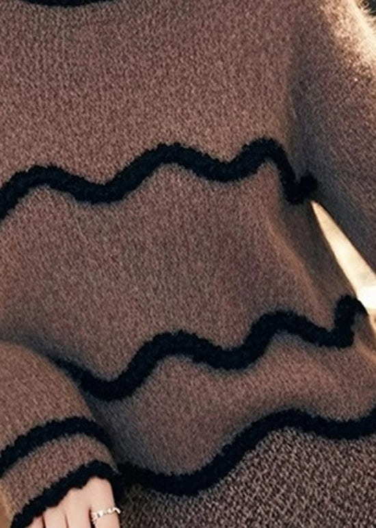 Ensemble deux pièces élégant en tricot marron avec pulls et jupes à col rond, printemps TO002