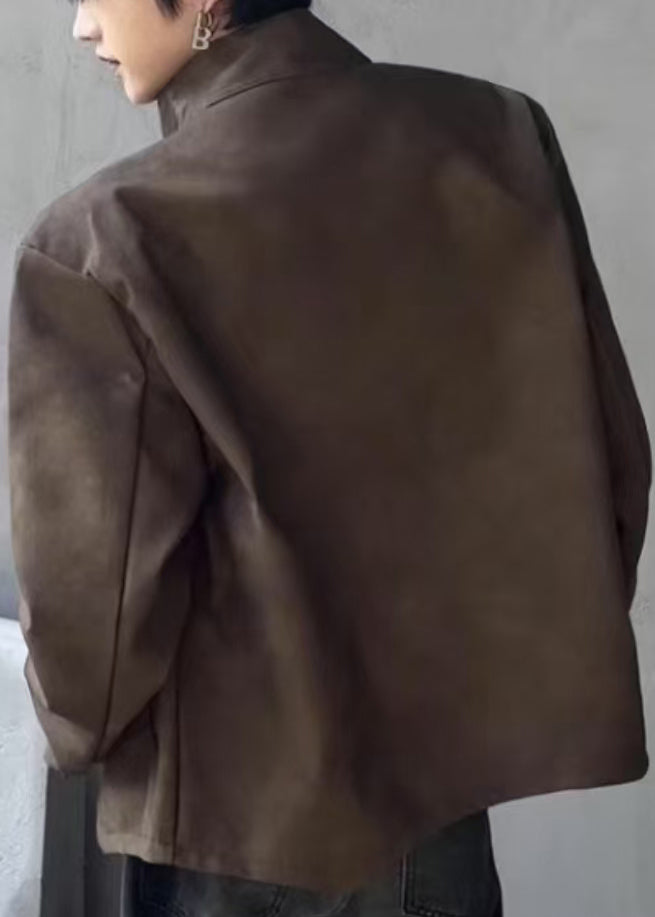 Manteau élégant en similicuir marron à col montant et fermeture éclair pour homme, printemps RN034