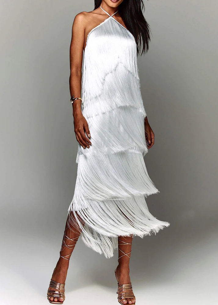 Robe d'été en soie marron élégante dos nu à pompons