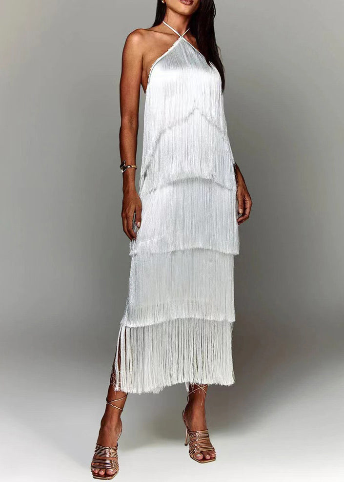 Robe d'été en soie marron élégante dos nu à pompons